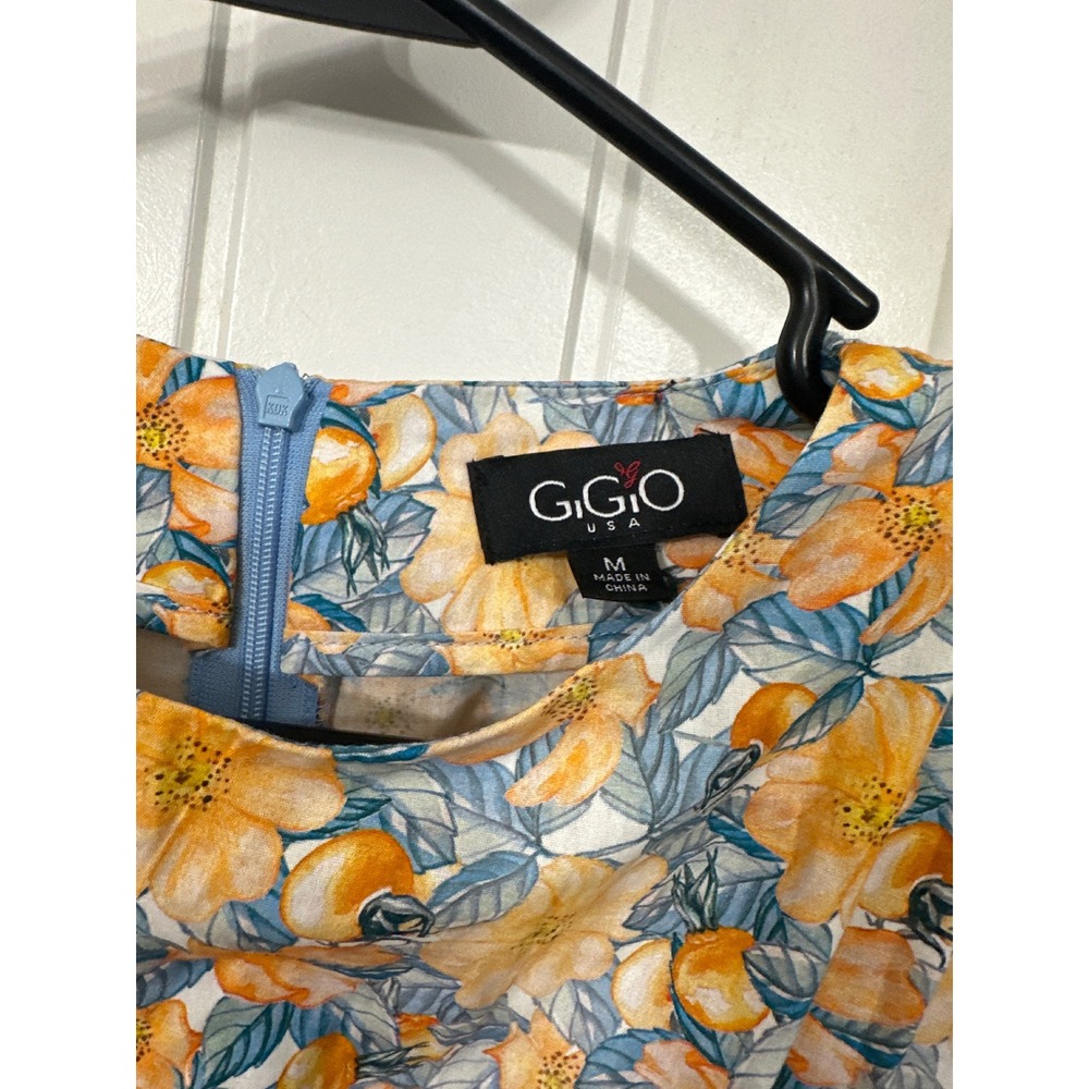 GIGIO USA Orange Blue Floral Smocked Waist Midi Dress Womens Size Medium V-Neck - Picture 2 of 10